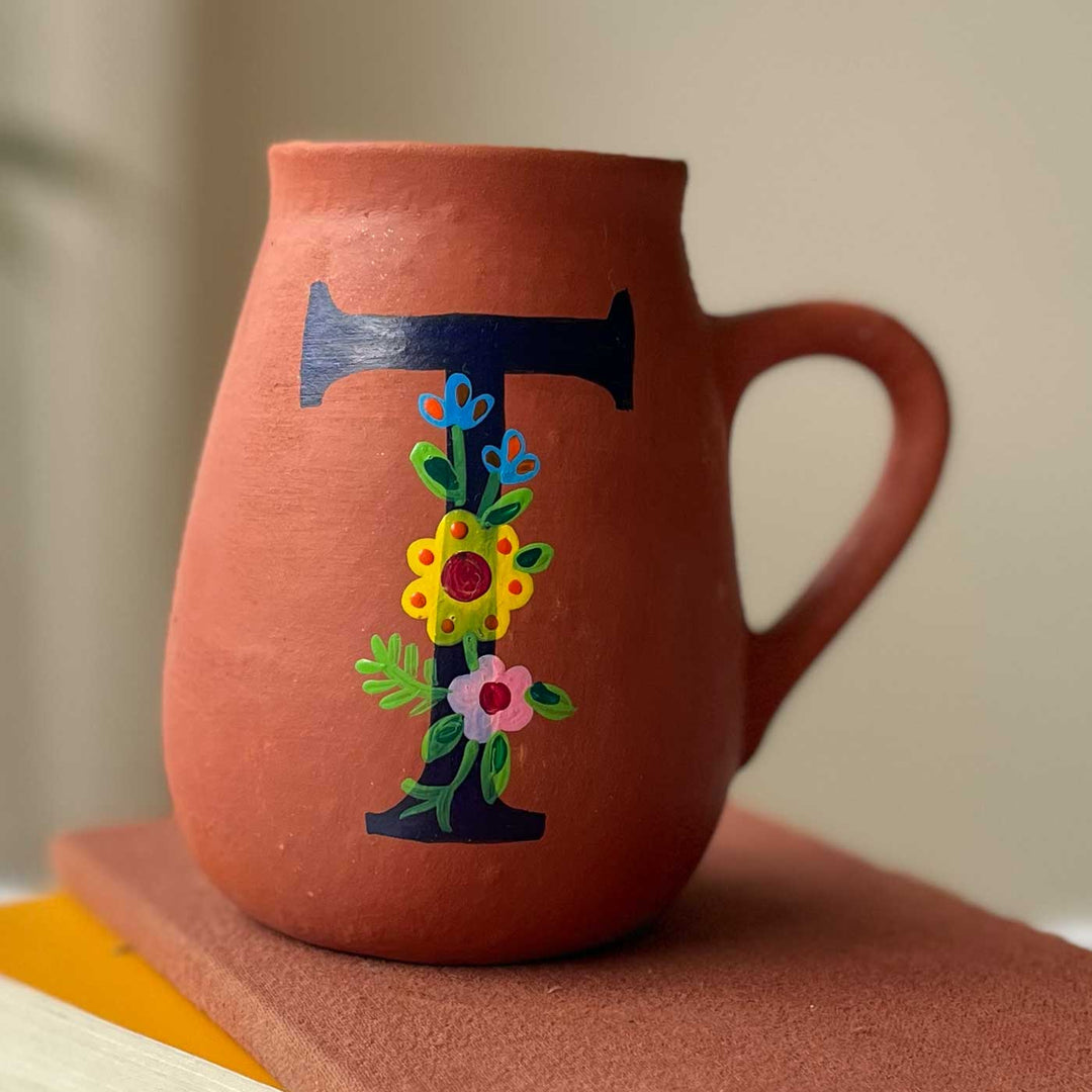 Personalized Hand-painted Floral Theme Monogram Terracotta Mug - T