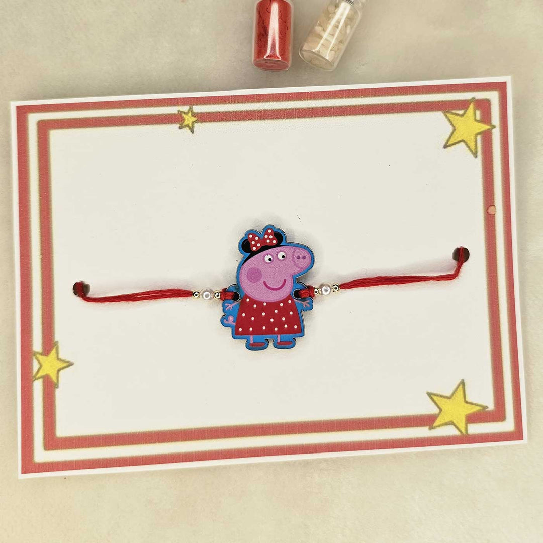 Handmade Peppa Pig MDF Wood Kids Rakhi With Roli Chawal