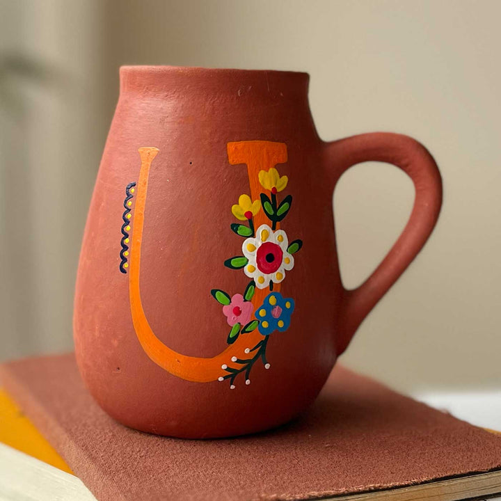 Personalized Hand-painted Floral Theme Monogram Terracotta Mug - U