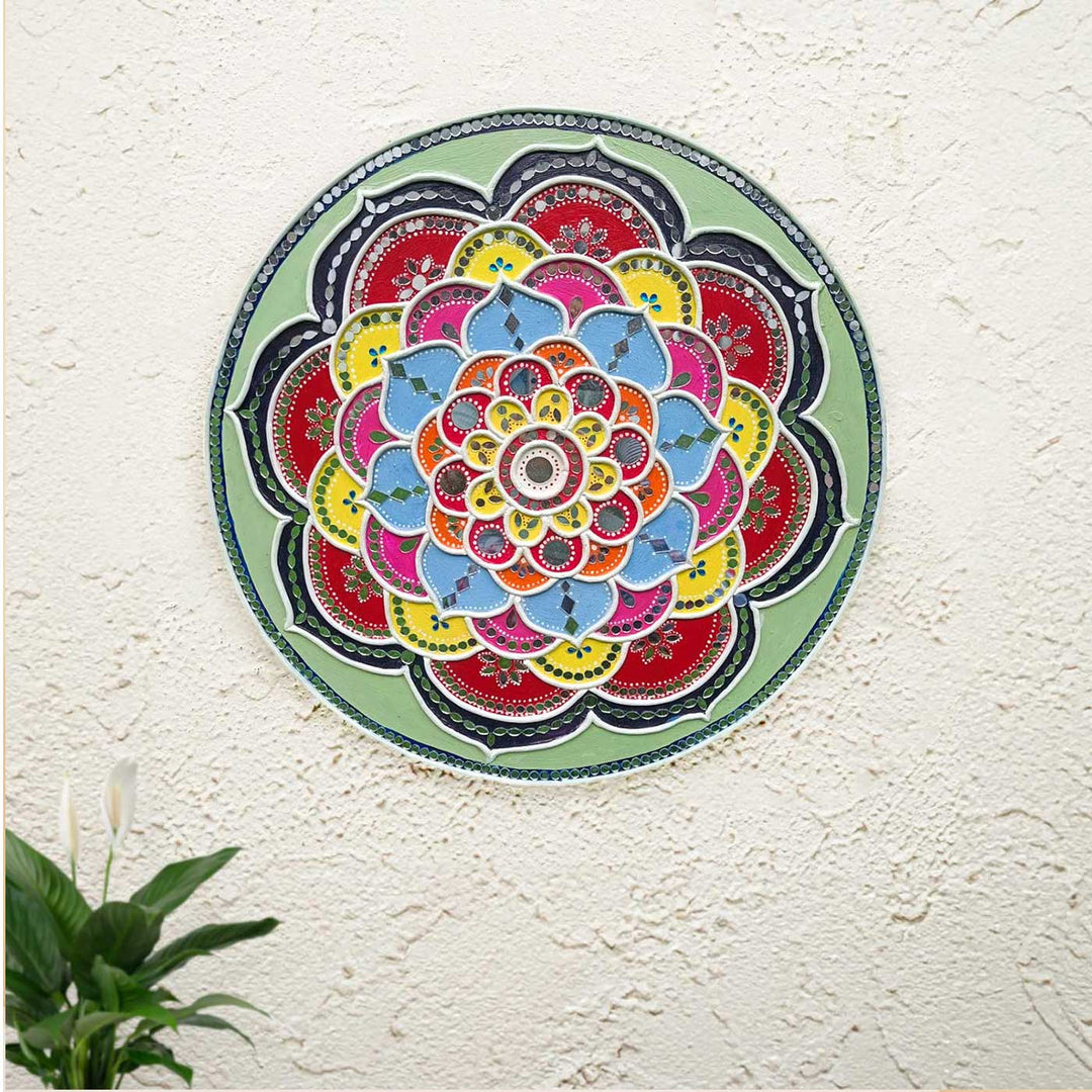 Handmade Mirror Work Round Lippan Art Mdf Wood Decor