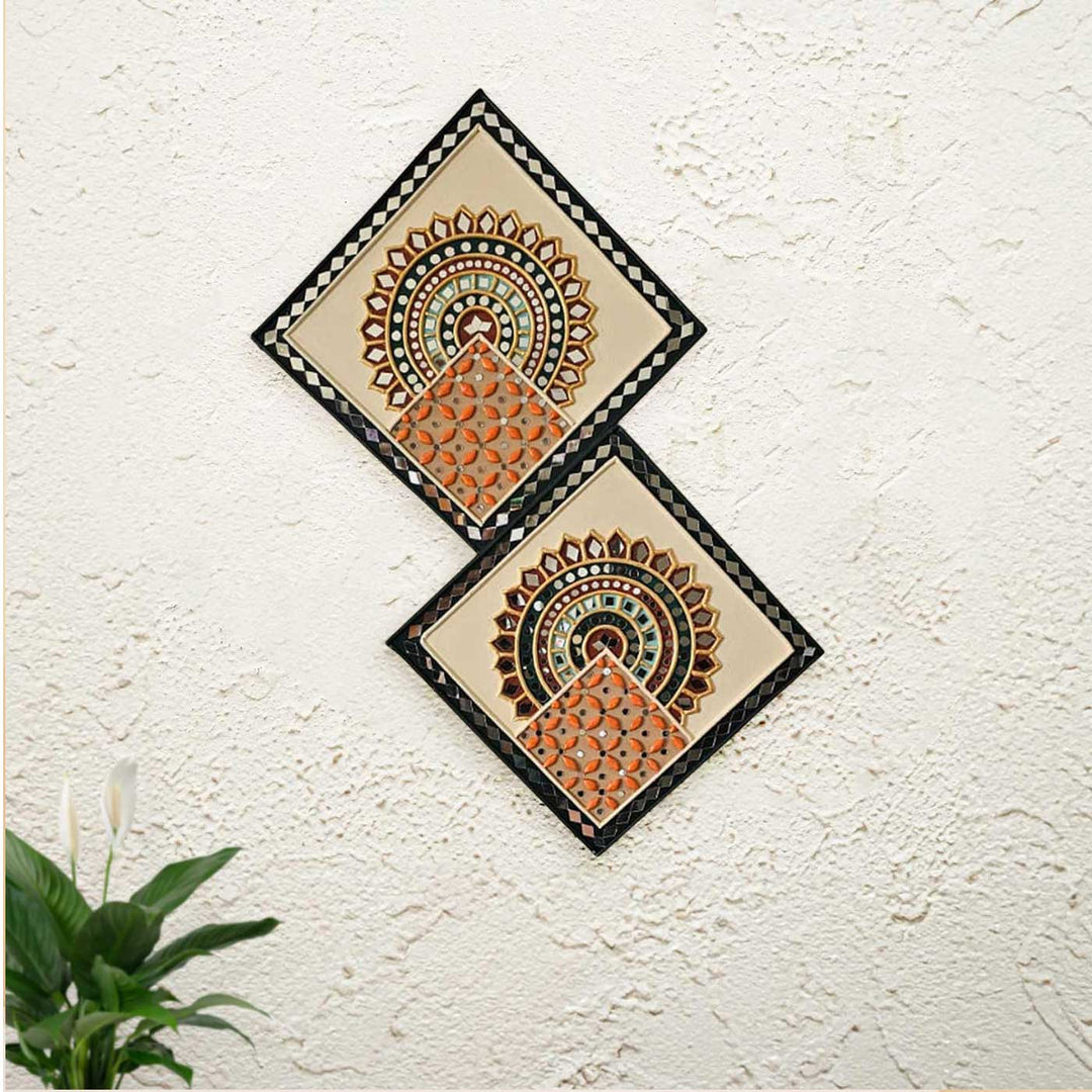 Handmade Mirror Work Square Lippan Art Mdf Wood Decor | Set Of 2