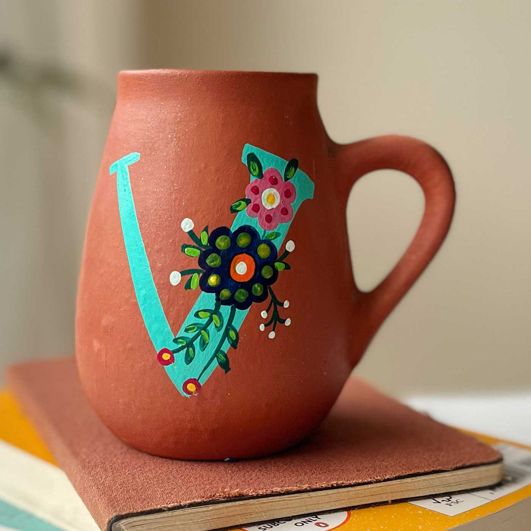 Personalized Hand-painted Floral Theme Monogram Terracotta Mug - V