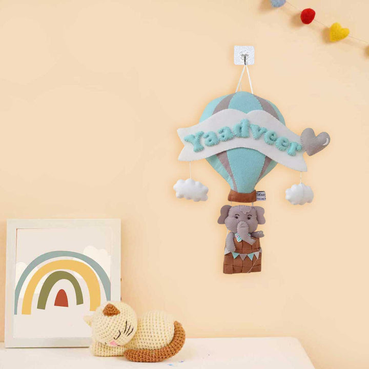 Personalized Elephant In Hot Air Balloon Themed Felt Kids Name Plate For Kids