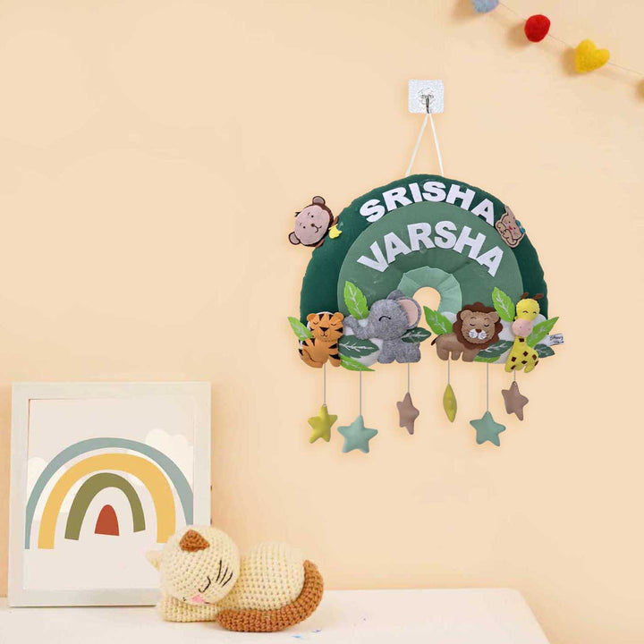 Personalized Safari Animals Themed Half Round Felt Kids Name Plate For Kids