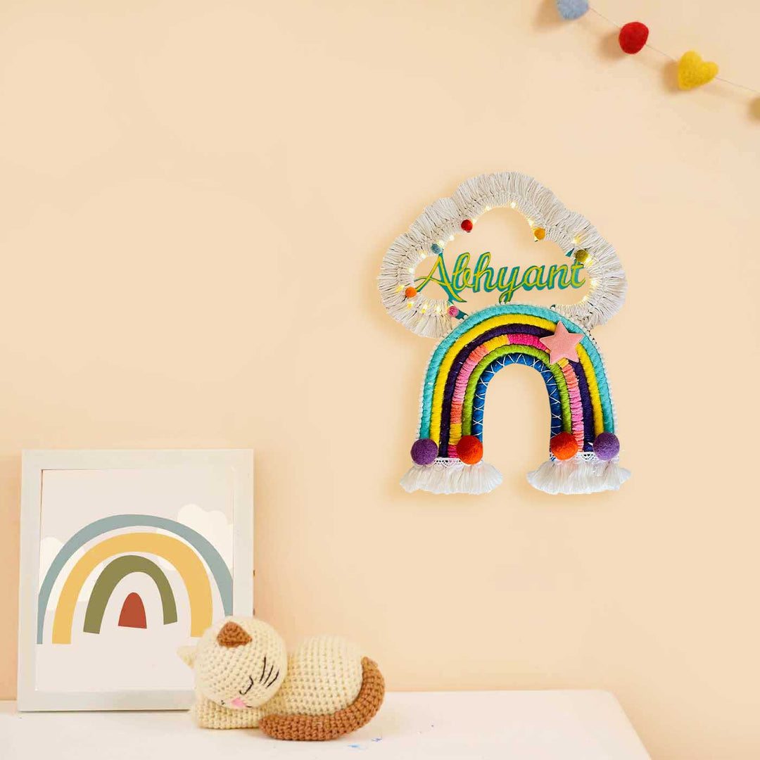 Personalized Handmade Rainbow Themed Woolen Kids LED Name Plate