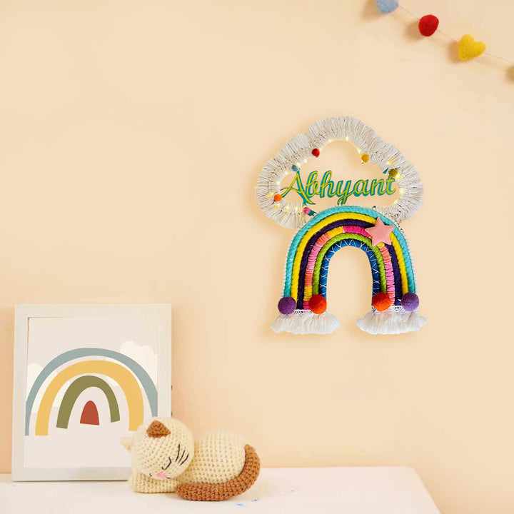 Personalized Handmade Rainbow Themed Woolen Kids LED Name Plate