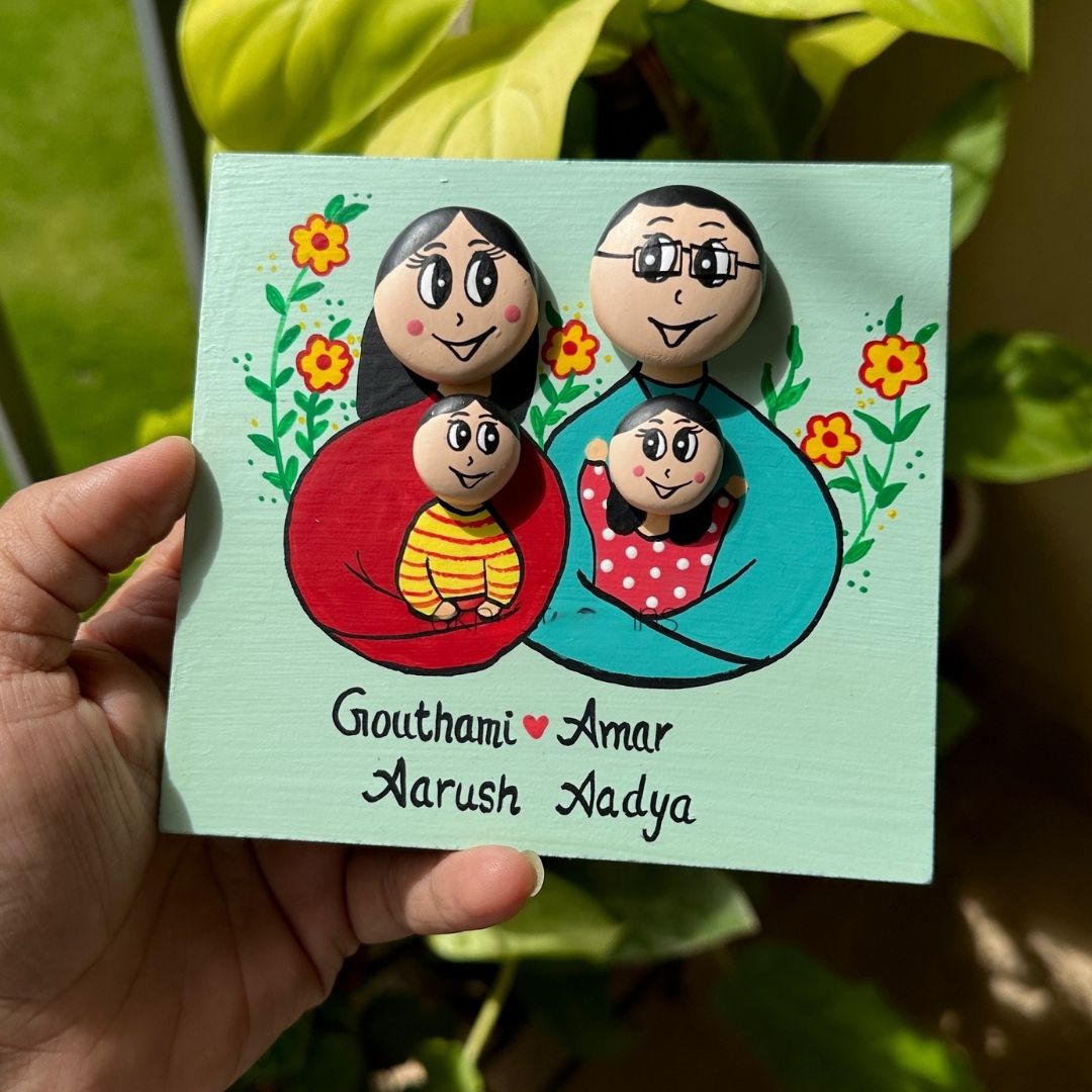 Personalized Hand-Painted Pebble Art Family Of Four Wooden Decorative Plaque