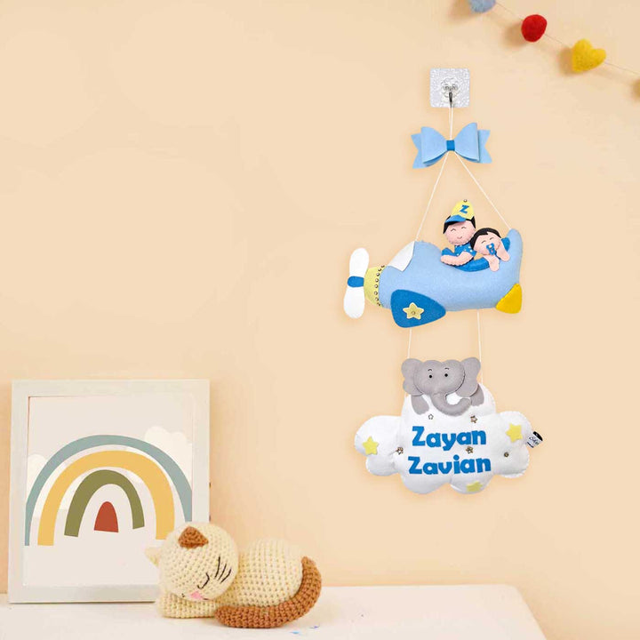 Personalized Aeroplane Themed Felt Kids Name Plate For Siblings