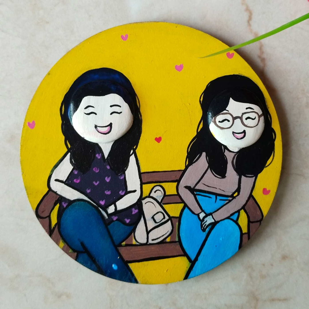 Photo Personalized Pebble Art Sisters Magnet With Yellow Background