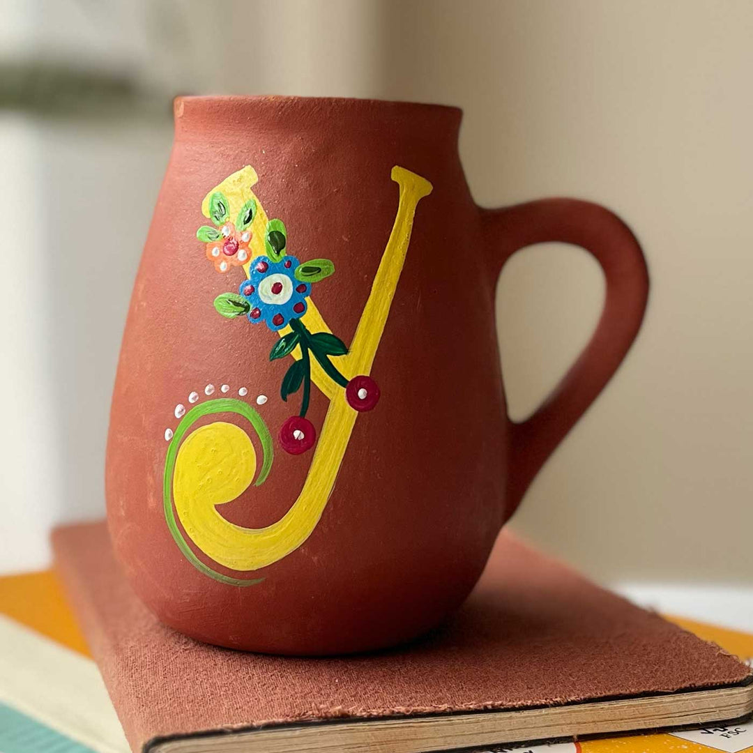 Personalized Hand-painted Floral Theme Monogram Terracotta Mug - Y