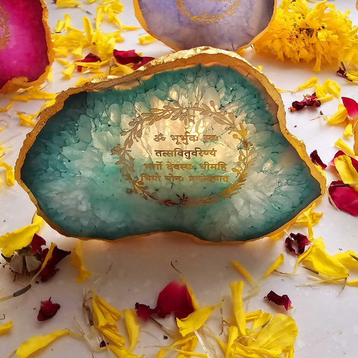 Handmade Green Gayatri Mantra Agate Stone Tea Light Holder