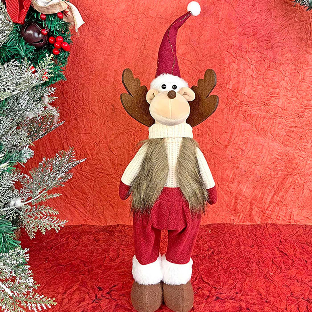 Cream Maroon Gold Self-Standing Reindeer Woolen Decor For Christmas Table Decoration