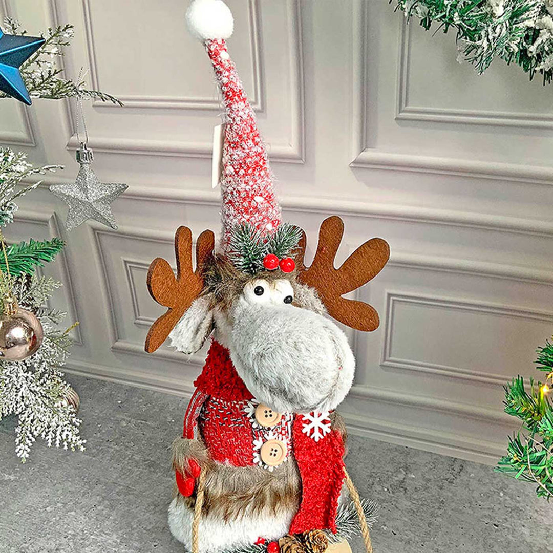 Grey & Red Deer On Snow Sledge Woolen Decor For Christmas Table Decoration