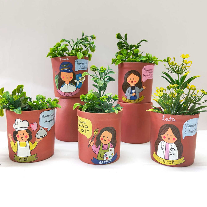 Handpainted Personalized Clay Planter With Journalist Avatar Illustrations And Quote