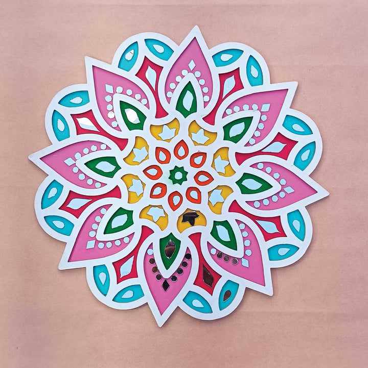 Handmade Colorful Mirror Work Floral MDF Rangoli