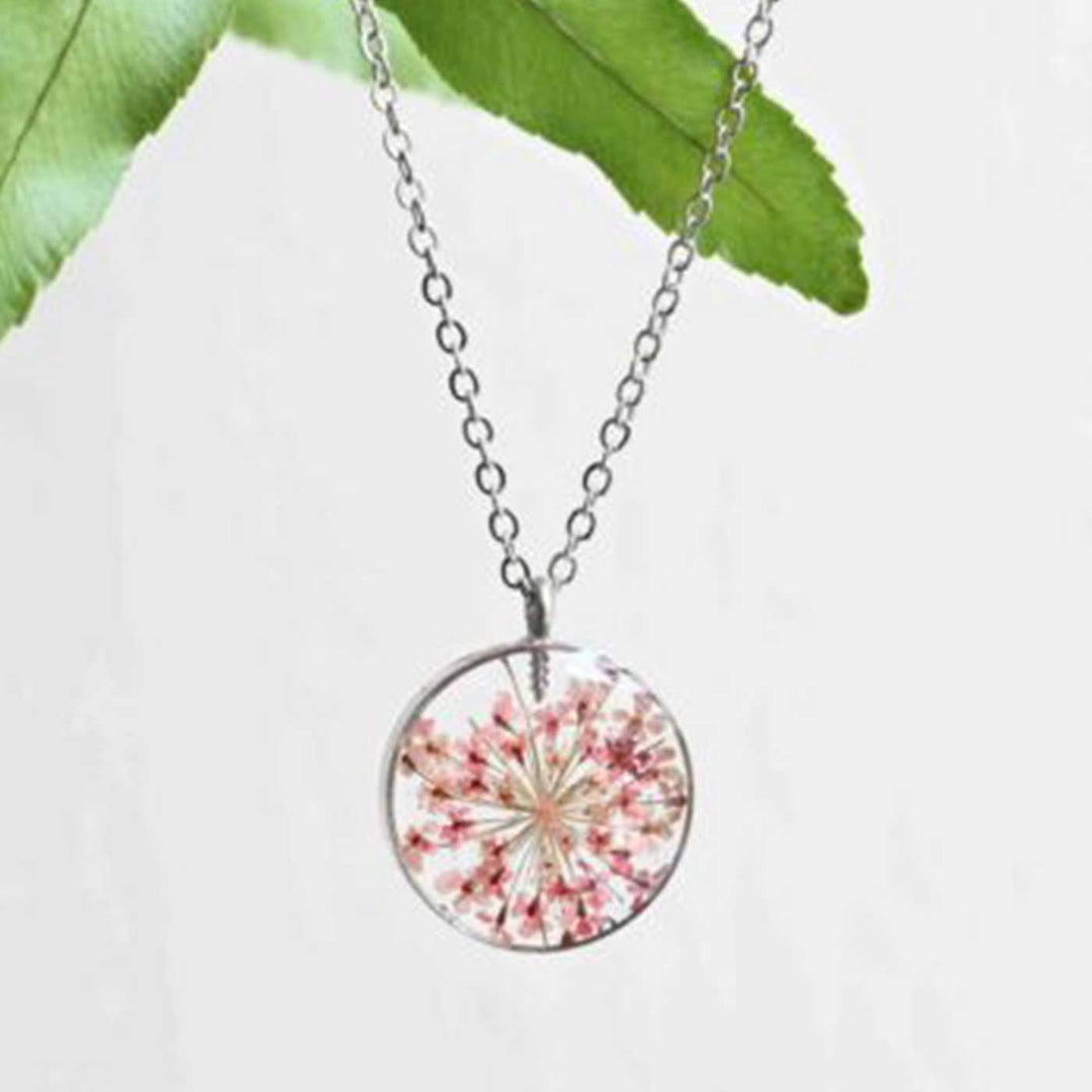 Handmade Preserved Flower Dainty Coral Brass Necklace