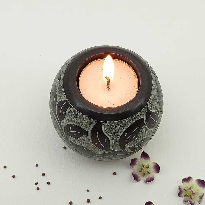 Handmade Black Mutaal Round Shape Candle Holder | Set of 2