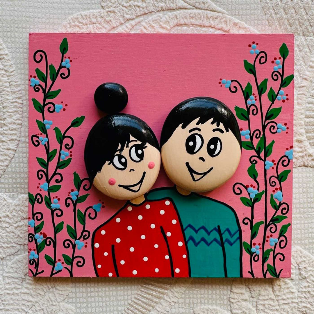 Hand-Painted Pebble Art Cute Couple Wooden Fridge Magnet