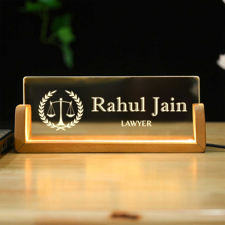 Personalized Lawyer Sleek Glass Desk Nameplate With LED Light