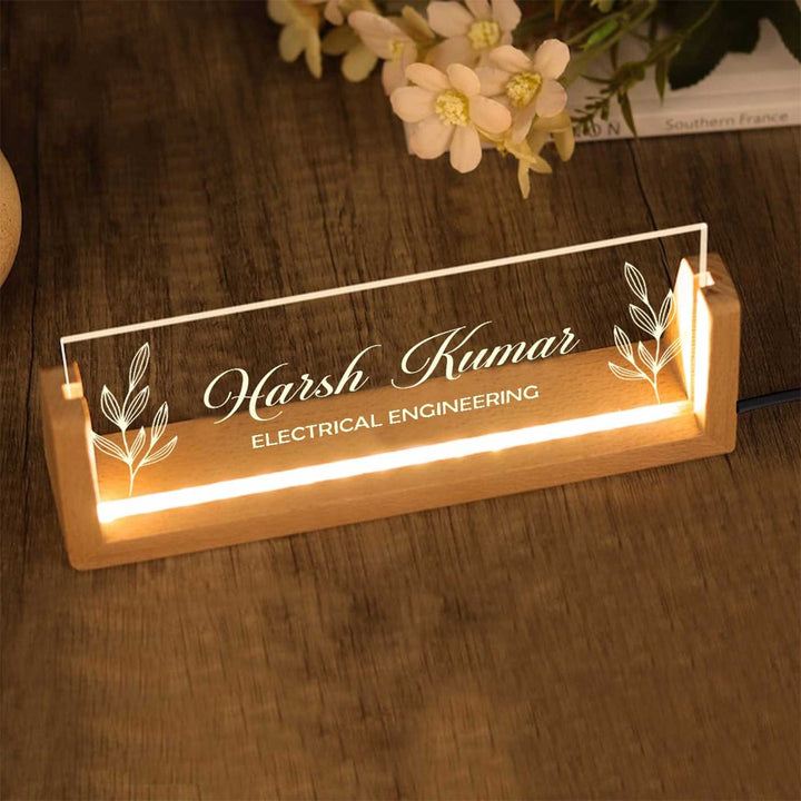 Personalized Profession Floral Theme Sleek Glass Desk Nameplate With LED Light