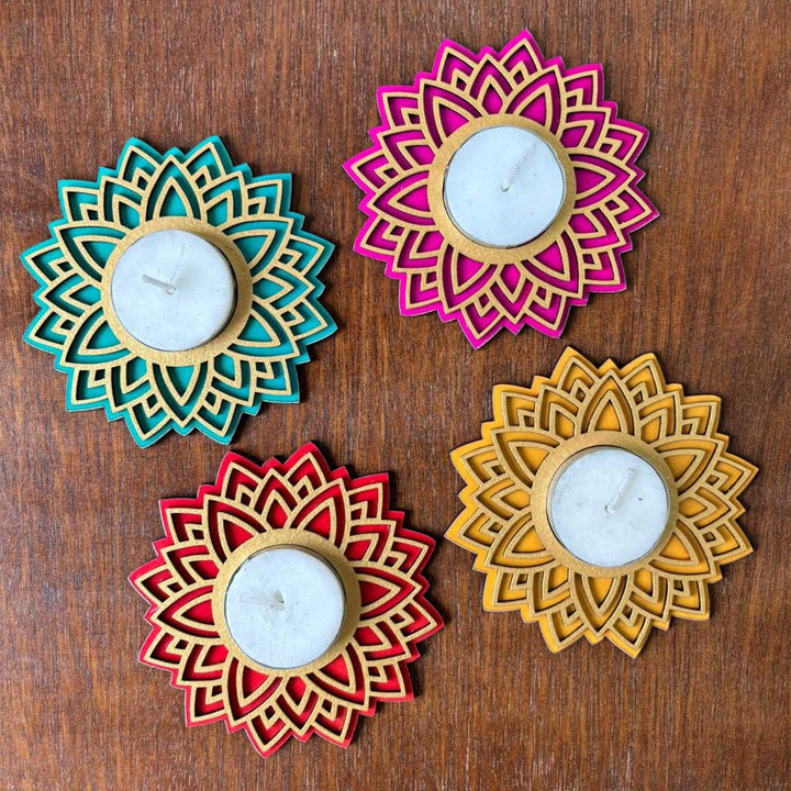 Handmade Hamsa Delights Mdf Wood Tealight Holder | Set Of 4