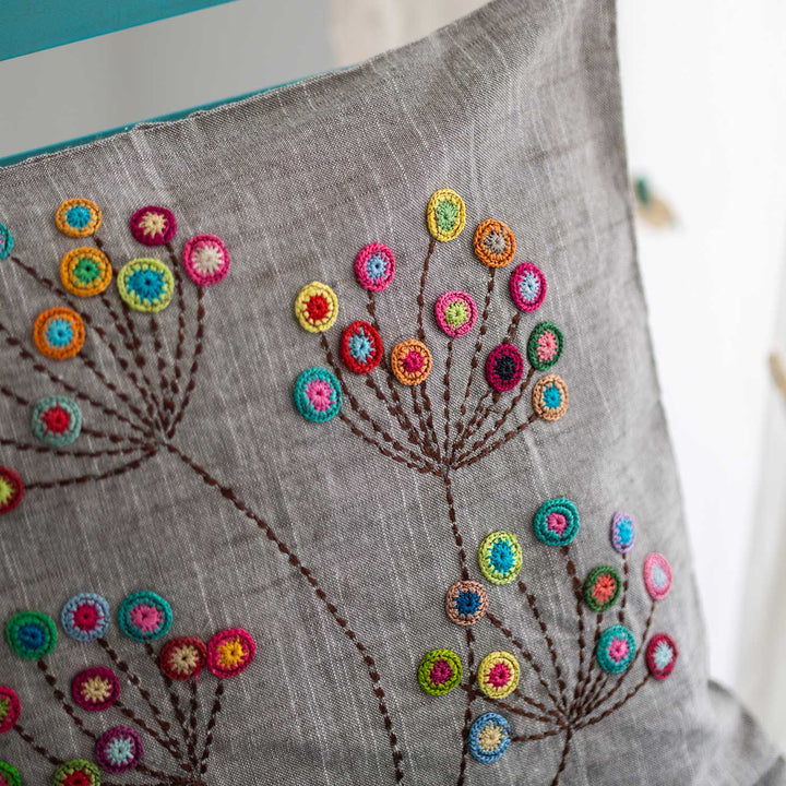 Handmade Prakriti Grey Blossom Cushion Cover | 16 inch