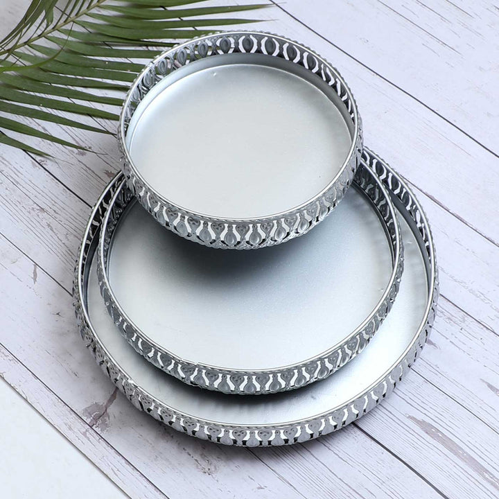 Handmade Round Etching Silver Tray | Set Of 3