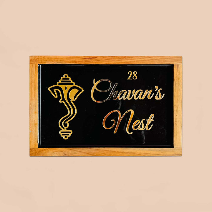 Personalized Ganesha Face Theme Resin Name Plate With Teak Wood Border For Couples