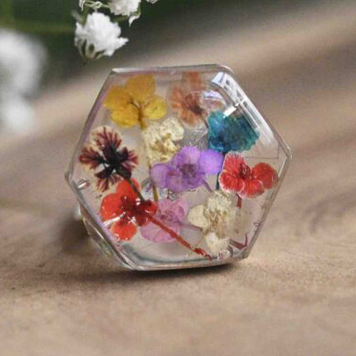 Handmade Preserved Flower Meadow Art Deco Brass Ring