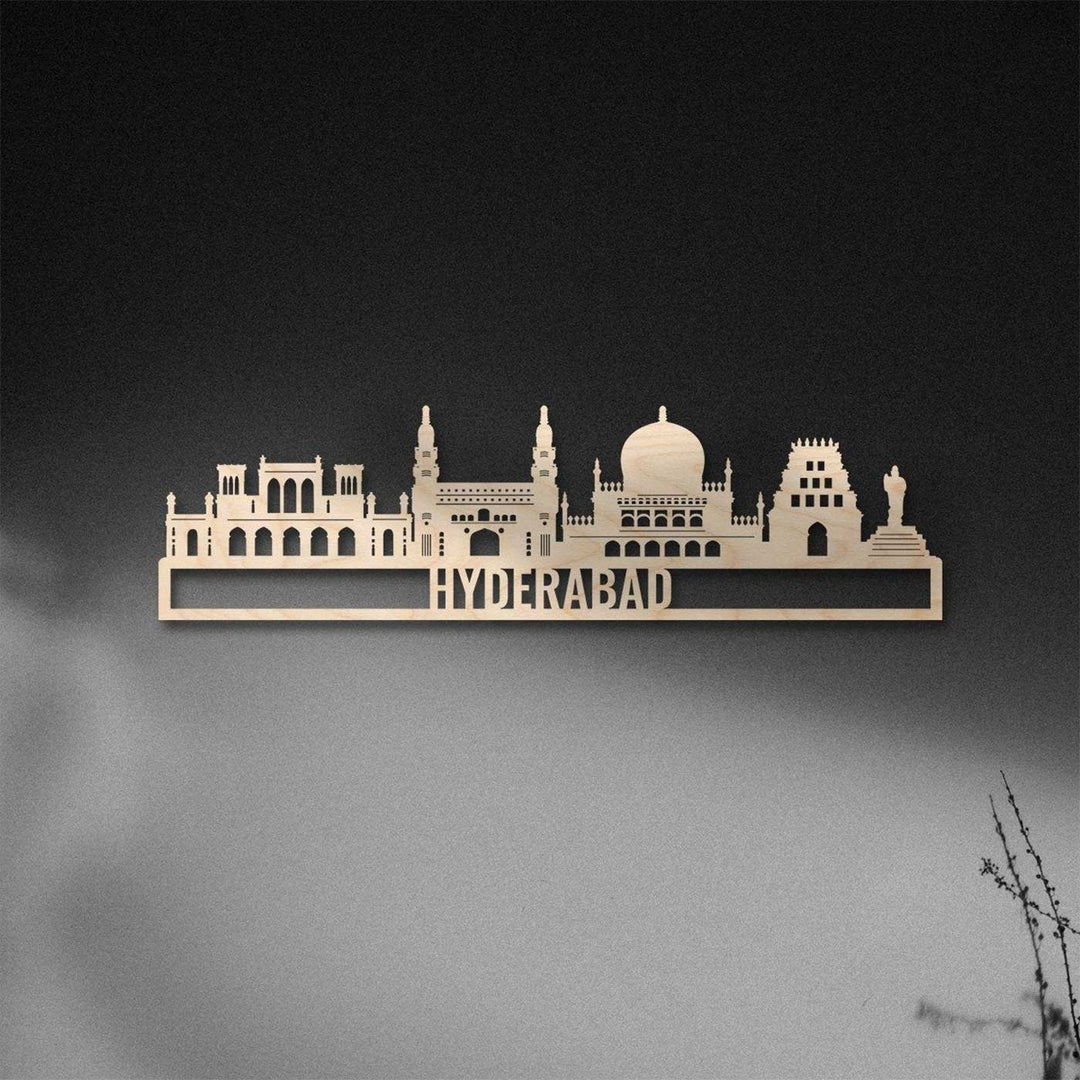 Printed Black Wooden Hyderabad City Skyline Wall Decor