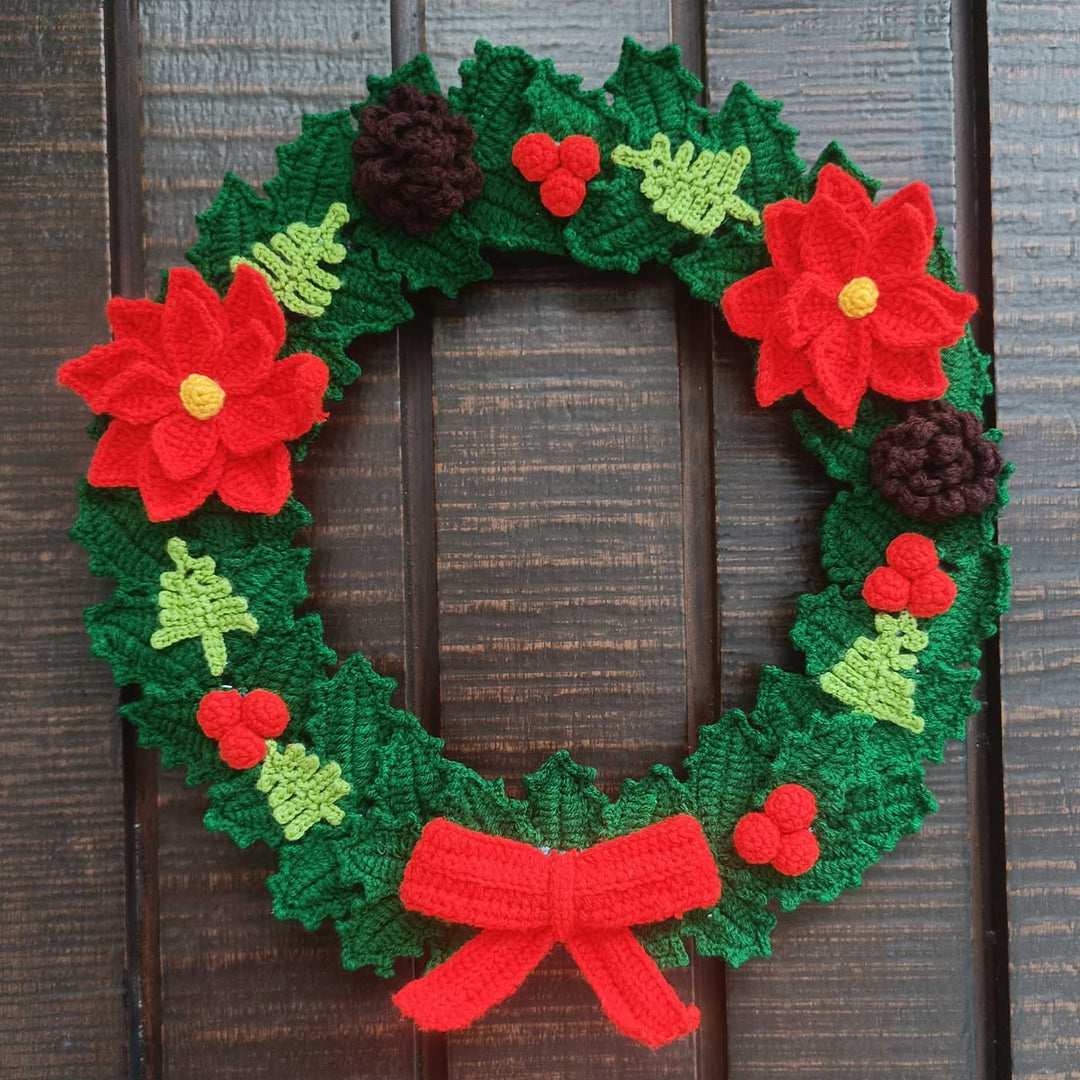 Handmade Green & Red Crochet Wreath For Christmas Door Decoration