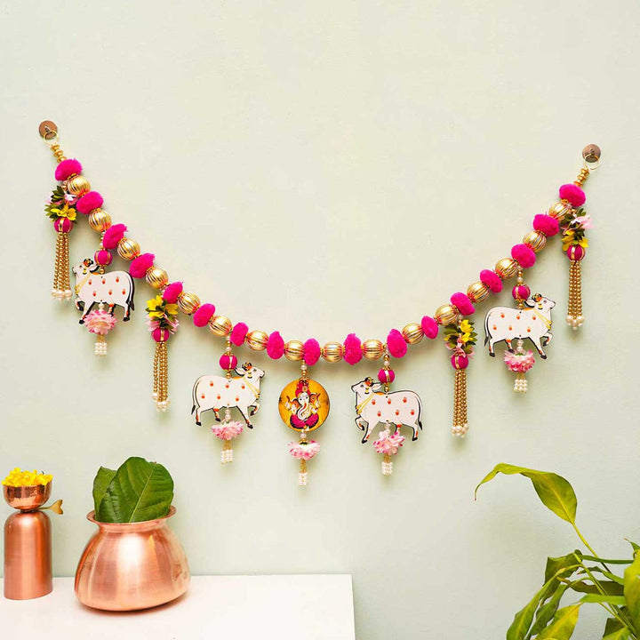 Handmade Pinkpom Poms With Ganesha & Cow Pichwai Toran