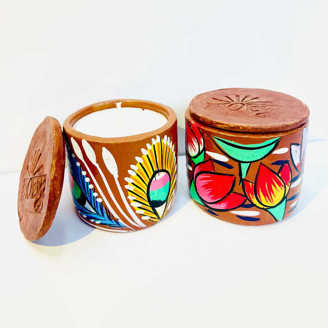 Hand-Painted Pattachitra Single Wick Scented Candle In Jute Bag | Set Of 2 (Assorted Designs)