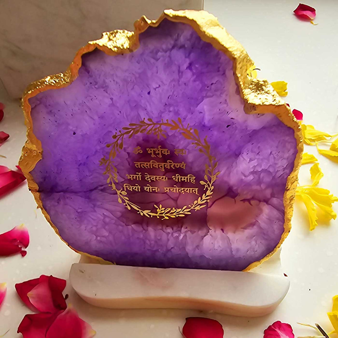 Handmade Purple Gayatri Mantra Agate Decor With Marble Base Tea Light Holder