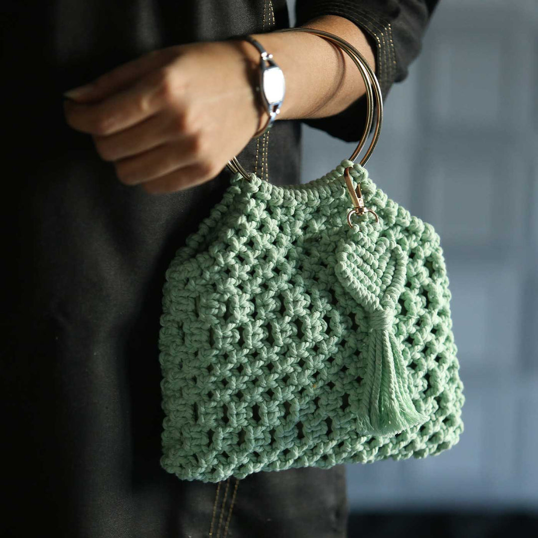 Handmade Macrame Handheld Bag With Metal Handle