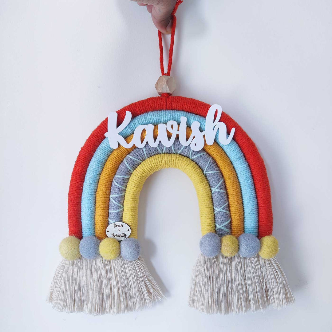 Personalized Handmade Macrame Orange & Yellow Pom Pom Rainbow Kids Name Plate With 3D Letters