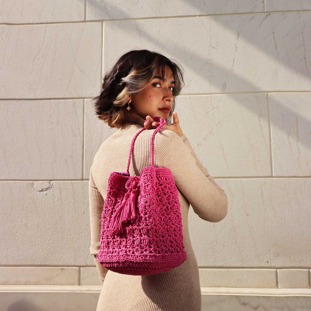 Handmade Crochet Drawstring Bucket Shoulder Bag