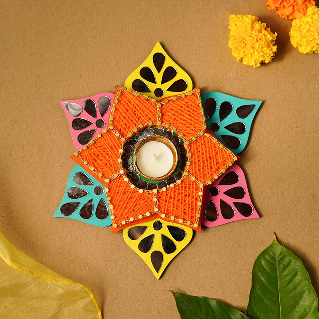 Floral Shaped Orange String Art & Mirrors Tealight Holder