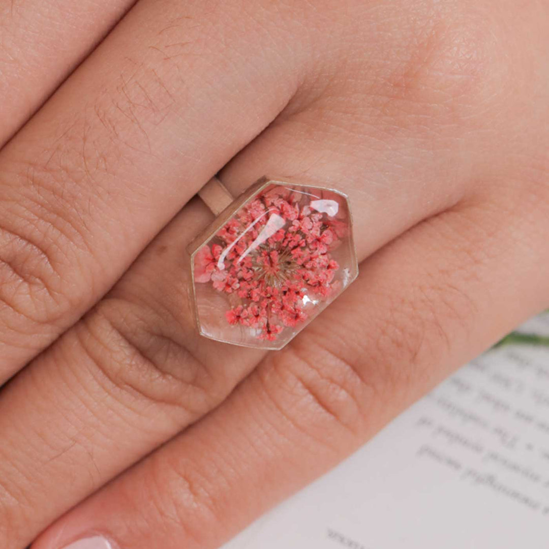 Handmade Preserved Flower Coral Queen Brass Ring