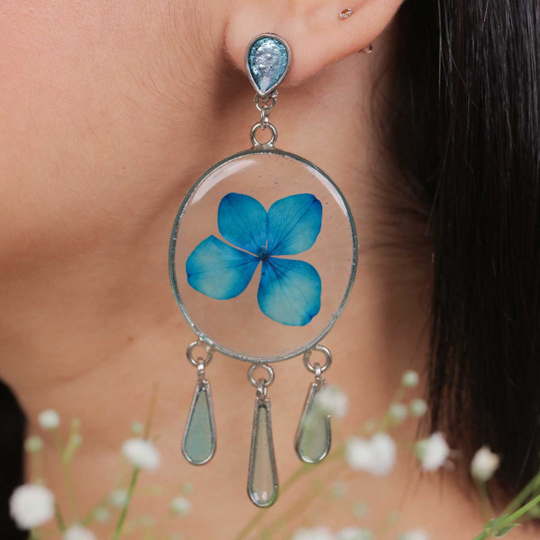 Handmade Preserved Flower Azure Hydrangea Chandelier Brass Earrings