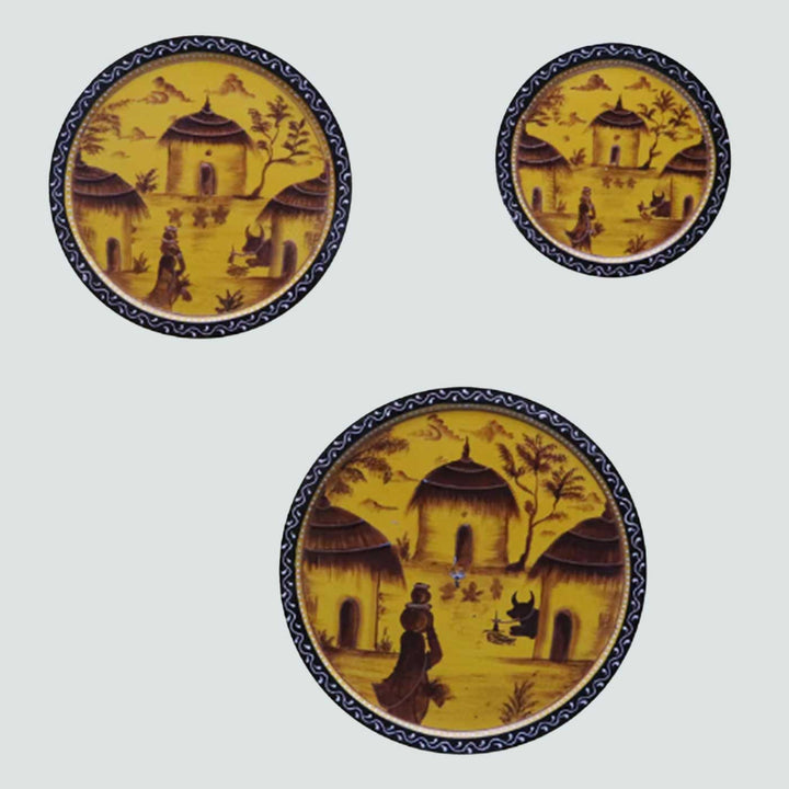 Hand-Painted Yellow Ornate Wooden Wall Plate | Set Of 3