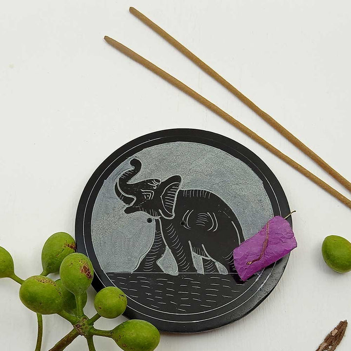 Handmade Black Izaan Elephant Soapstone Incense Stick Holder | Set of 2