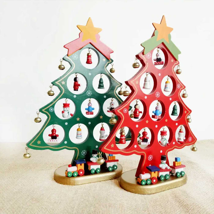 Merry Mistletoe Xmas Tree With 21 Ornaments Wooden DIY Decor | Set Of 2