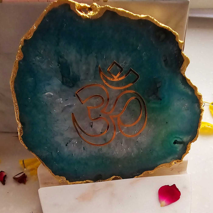 Handmade Green Om Agate Decor With Marble Base Tea Light Holder