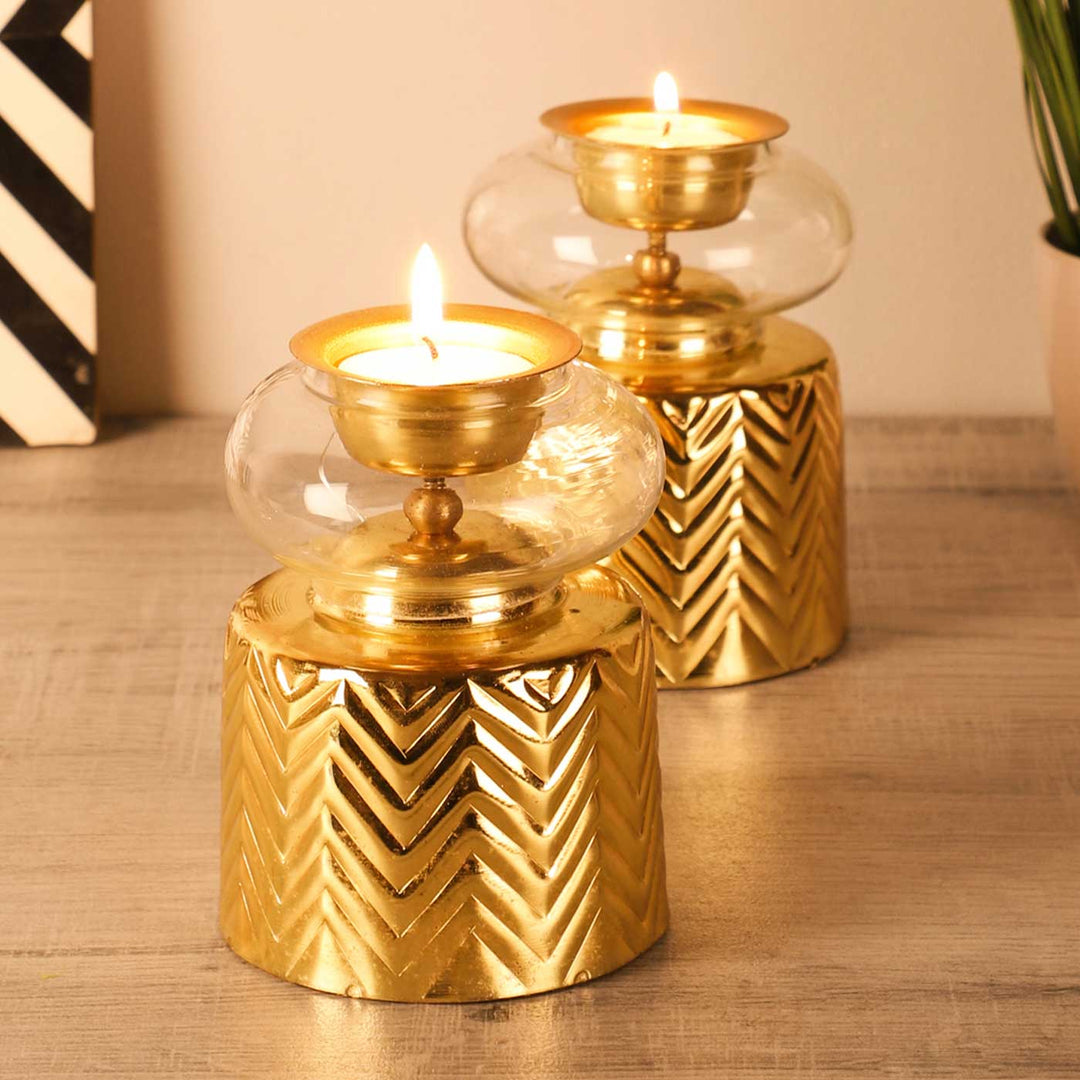 Handmade Golden Anuya Metal & Glass Tealight Holder | Set Of 2