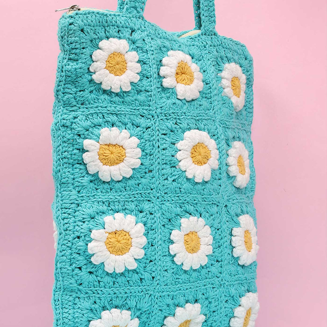 Handmade Crochet Blue Daisy Tote Bag