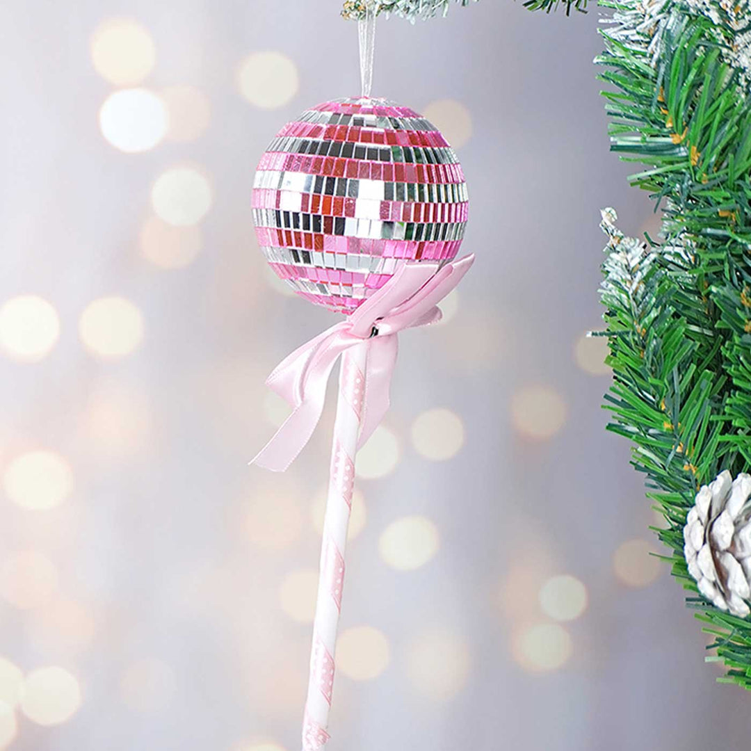 Handmade Pink Shiny Disco Themed Candy Shaped Ornaments For Christmas Tree Decoration | Set Of 4