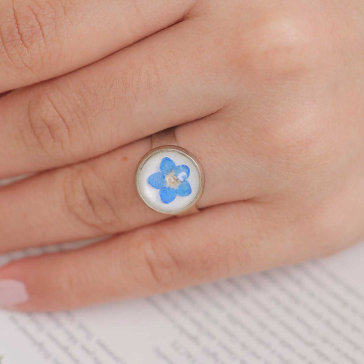 Handmade Preserved Flower Forget Me Not Brass Ring