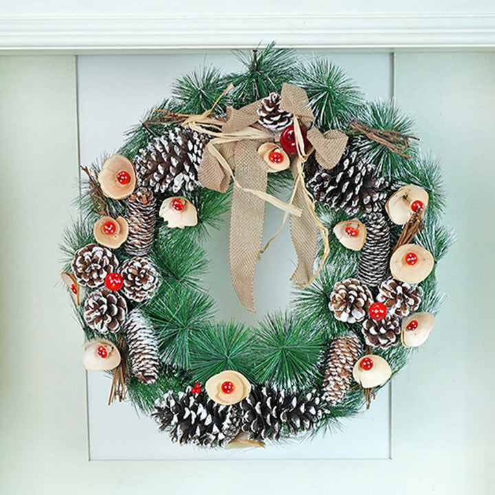 Mushroom Buds & Bushy Frosty Pinecone Wreath For Christmas Wall Decoration