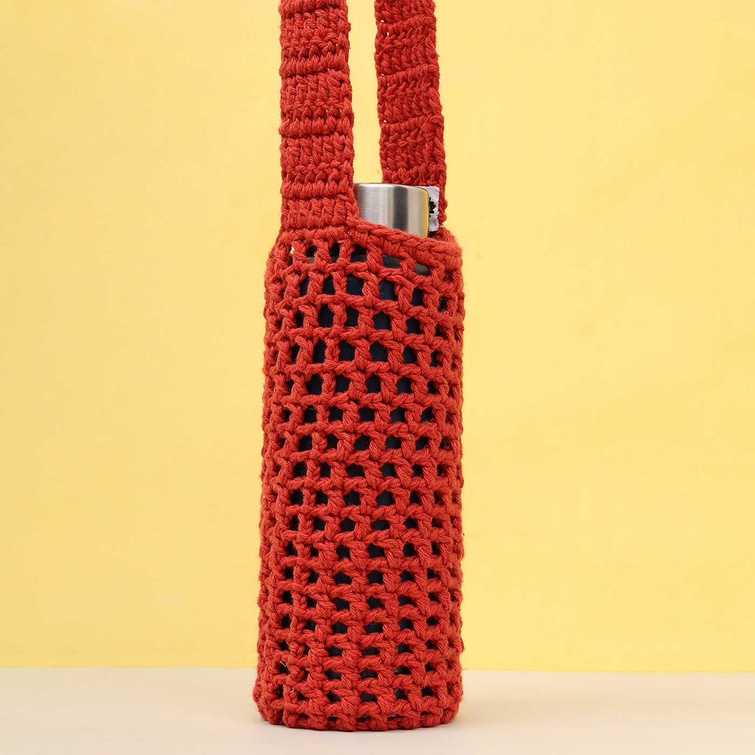 Handmade Crochet Red Water Bottle Tote Bag